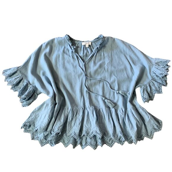 Umgee Linen Blend Top Boxy Ruffle Sleeve & Hem M Blue #19628 - Picture 6 of 11